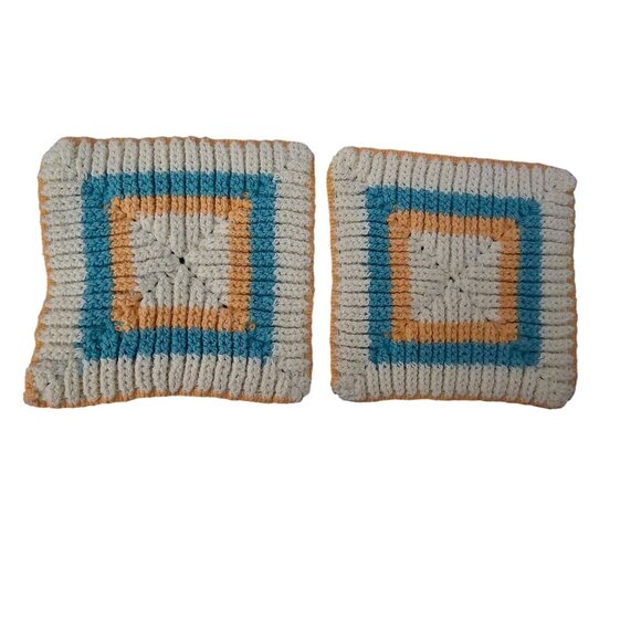 Handmade Crochet Pot Holders Set Of 2 6"x6" Vintage Orange Blue, White Squares - Picture 1 of 2